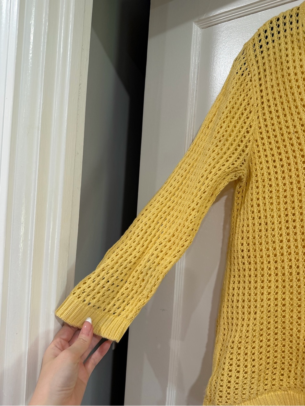 JEANNE PIERRE Yellow Open-Knit V-Neck Sweater - Picture 3 of 8